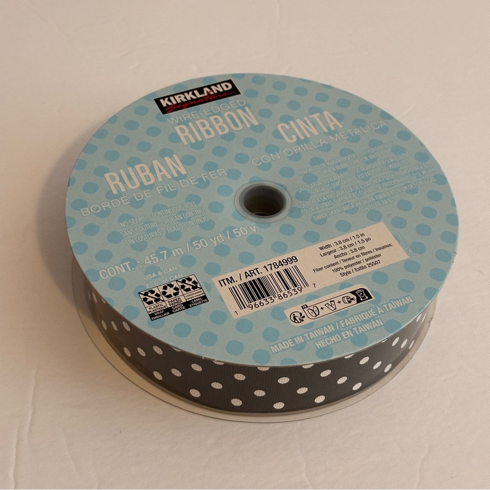 New Kirkland Signature Wire-Edged Ribbon Black with White Polka Dot 50Yard